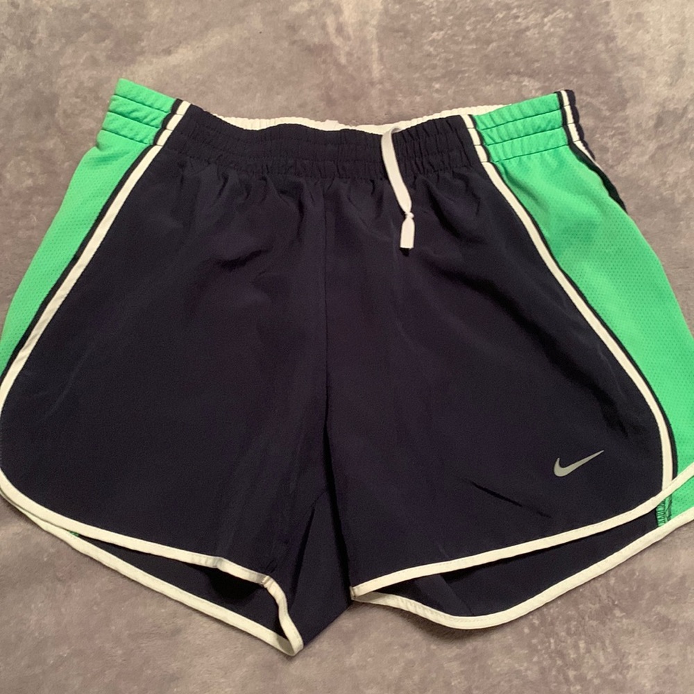 Small nike athletic shorts. Blue and green.